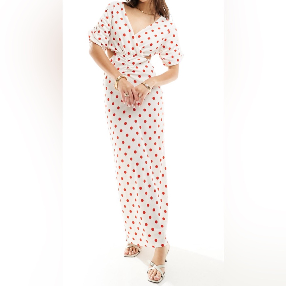 Yes cut out maxi dress with puff sleeves in white and red polkadots